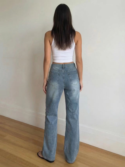 Pantalones vaqueros de mujer de pierna ancha con patchwork estilo vintage lavado